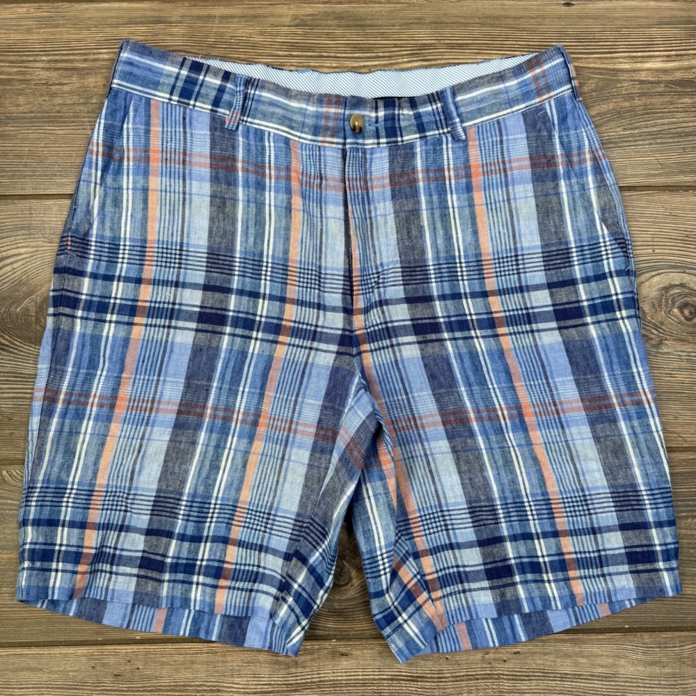 Peter Millar Mens Linen Plaid‎ Shorts Size 32 Blue Orange 8" Inseam MS21B03